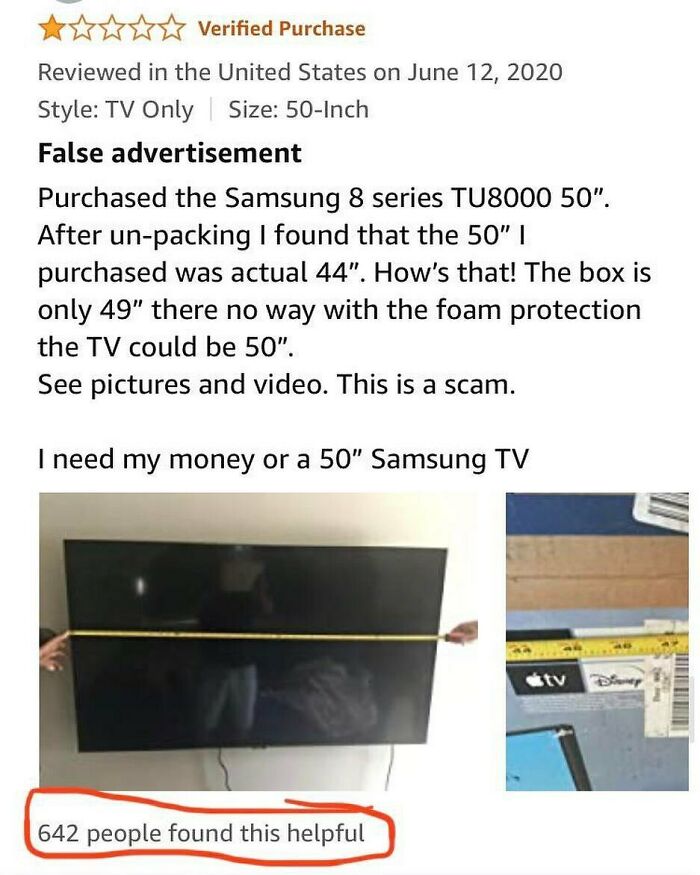 Hilarious product review complaining about TV size measurements on Amazon.