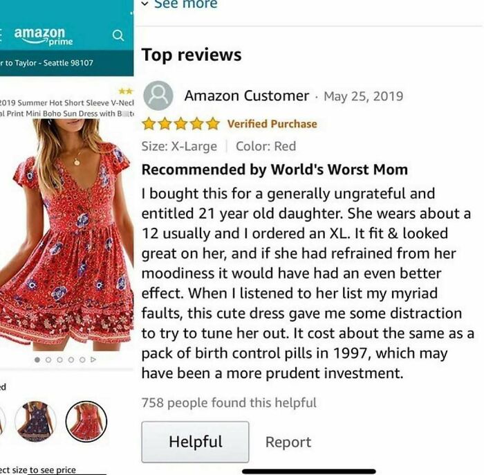 Hilarious Amazon review by a mother buying a dress for her daughter, adding unexpected comedy to product reviews