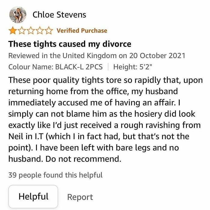 Hilarious online product reviews showing a dramatic five-star review for tights