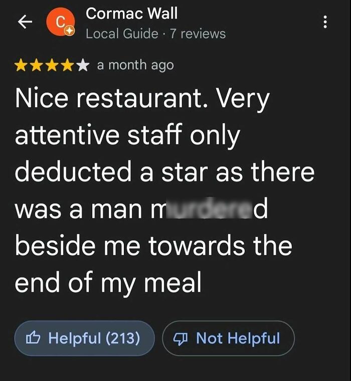 Four star restaurant review where customer mentions a m****r, part of hilarious product reviews online.