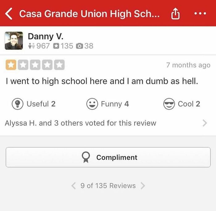 Funny product review for a high school rating the education with a self-deprecating comment.