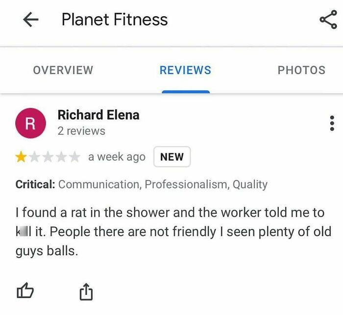 An unexpected product review complaining about a gym shower experience.