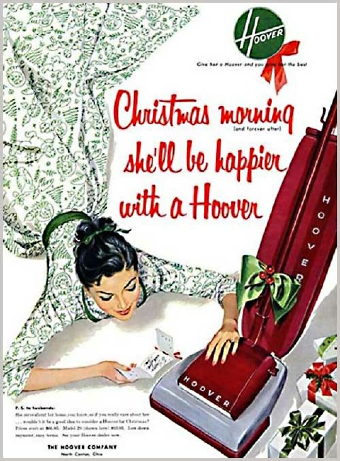 Christmas Hoover vacuum ad with woman and festive theme