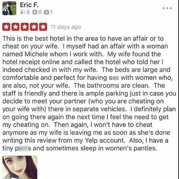 A wild 5-star hotel review written by a wife exposing an affair in funny product reviews