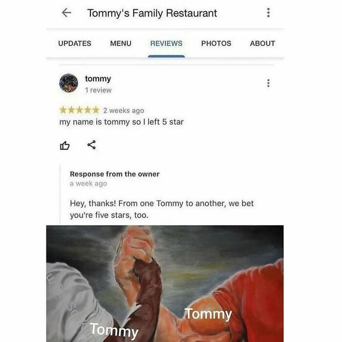 Funny review by Tommy who gave 5 stars to Tommy's Family Restaurant based on unexpected comedy show keyword.