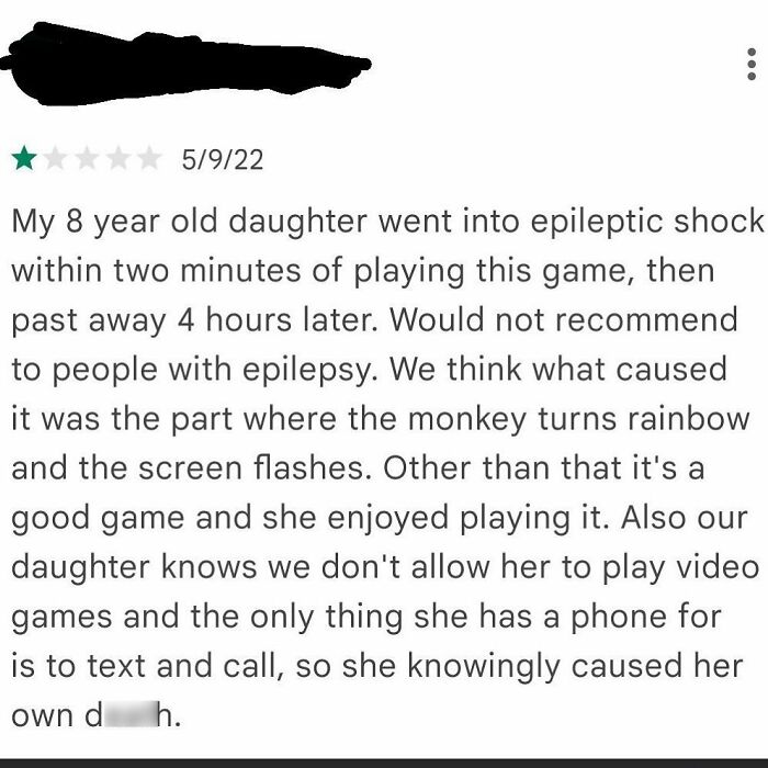 Wild and bizarre review for a mobile game, highlighting unexpected comedy in product reviews.