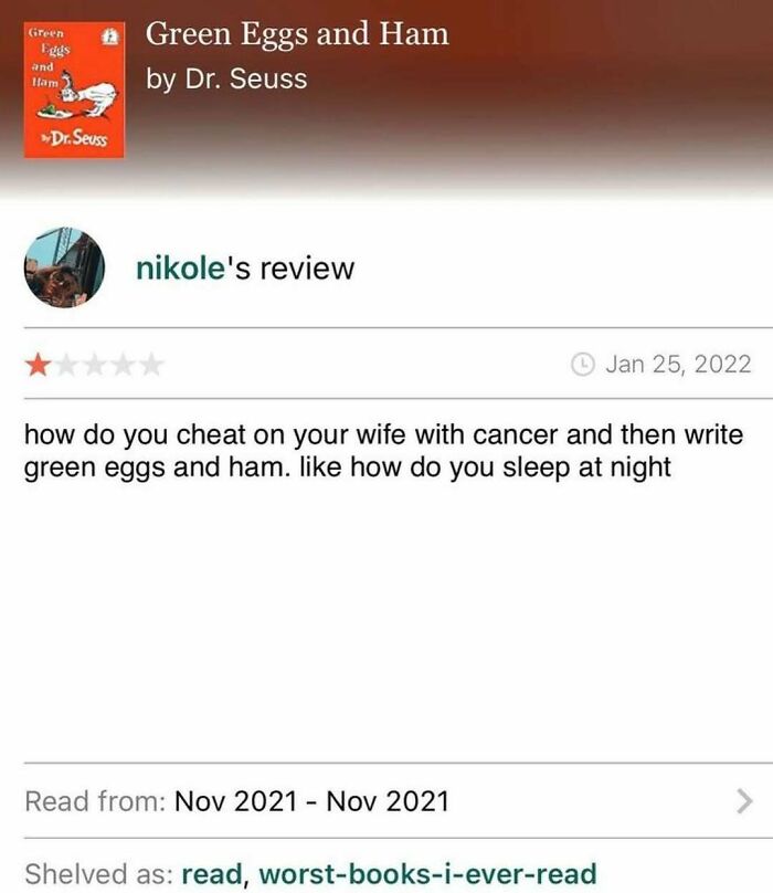 Critical book review of Green Eggs and Ham by Dr. Seuss, featured in funny product reviews compilation.