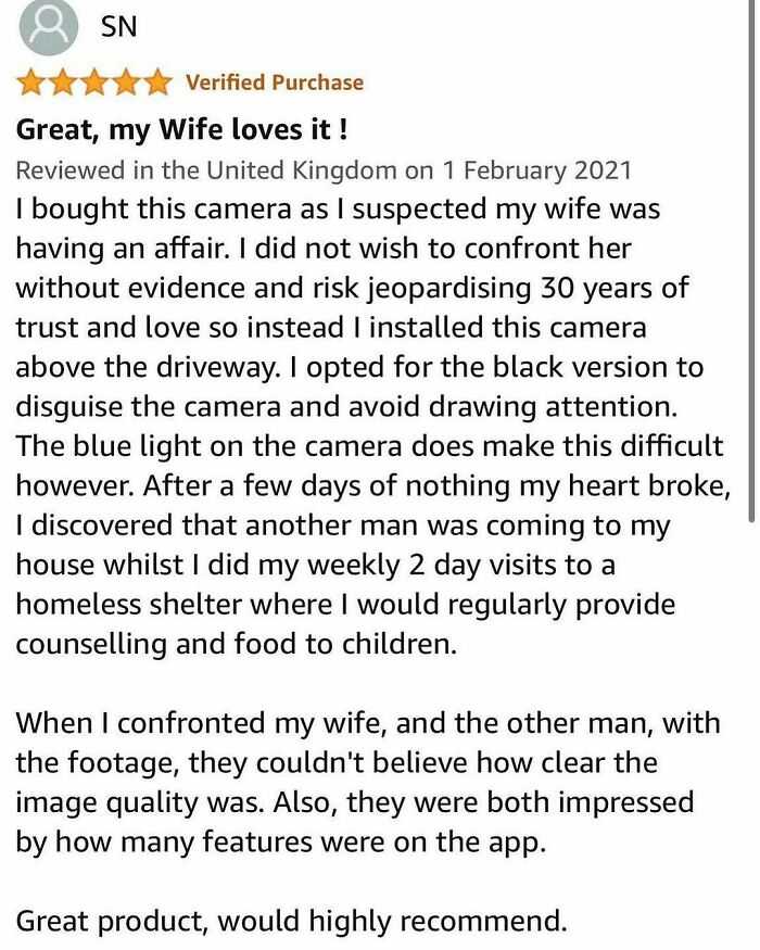 Funny product review for a security camera used to catch an unfaithful partner.