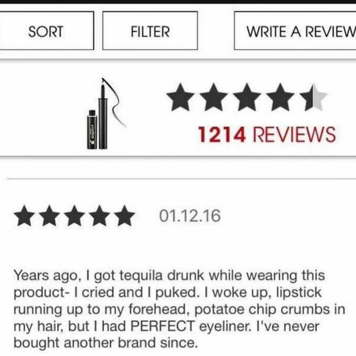 Funny product review praising durable eyeliner that survived a wild night out.