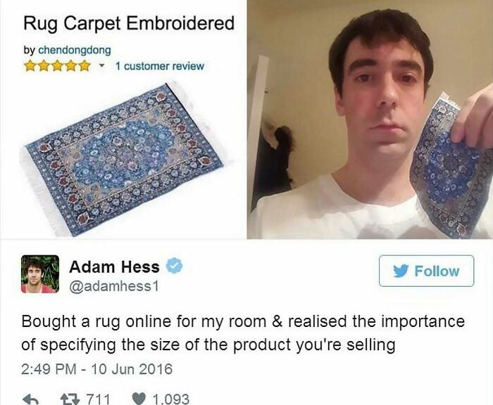 A funny product review fail showing a man holding a tiny carpet purchased online