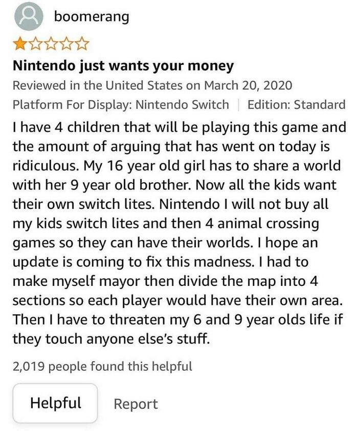 Funny online product review from a frustrated parent complaining about children sharing a video game.