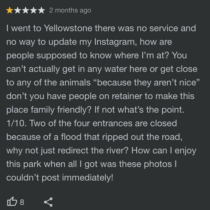 Funny review for Yellowstone complaining about cell service, a classic example of unexpected product reviews.