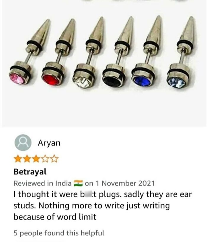 A hilarious product review confusing ear studs with another item.