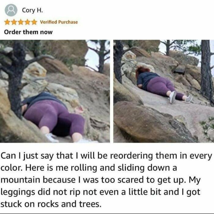 Unexpectedly funny product review showing durable leggings surviving a slide down a rocky mountain.