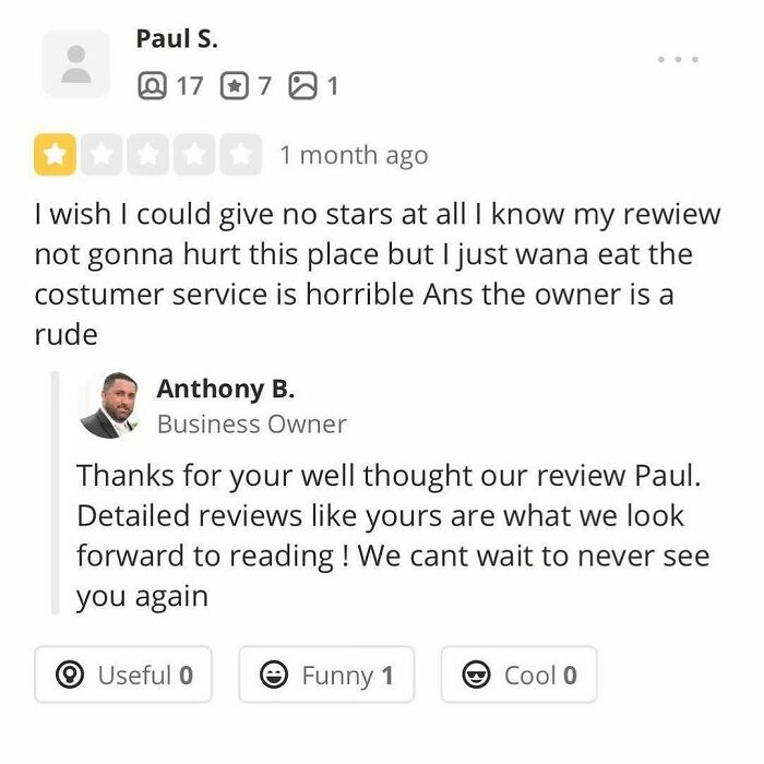 Sarcastic business owner reply to a negative review in a funny product reviews collection.