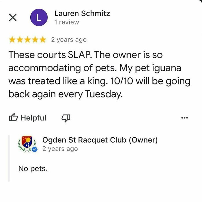 Funny product review for a racquet club where owner replies no pets to an iguana review.
