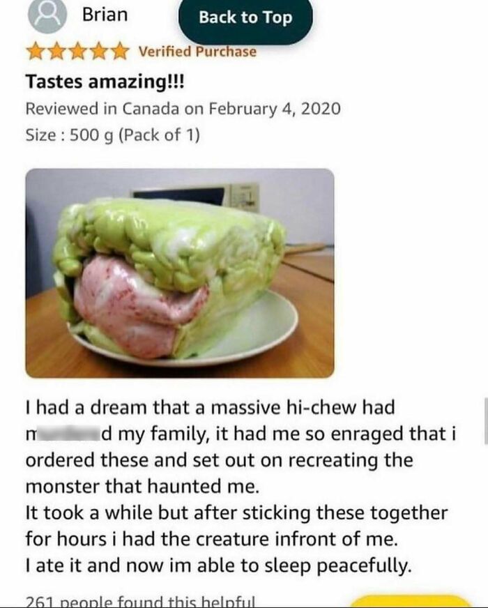 Bizarre review showing a giant ball of Hi-Chew candy, featured in funny product reviews.