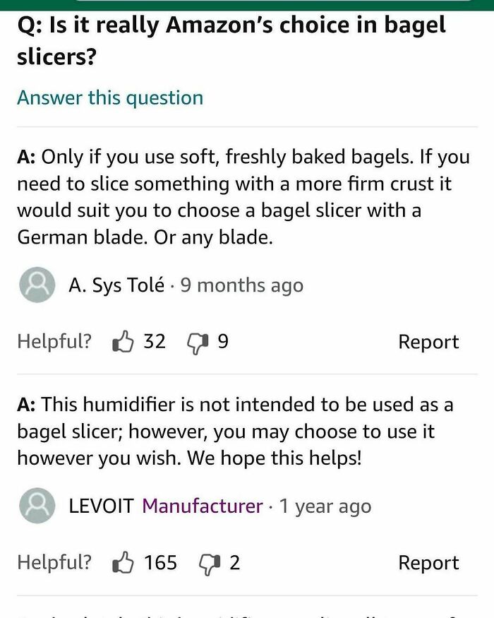 Humorous product review Q&A where a customer asks if a humidifier works as a bagel slicer.