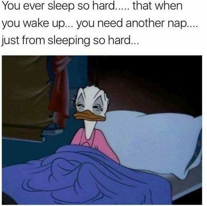 Sleepy Donald Duck tired in bed meme, perfect for sending memes to friends who love to nap.