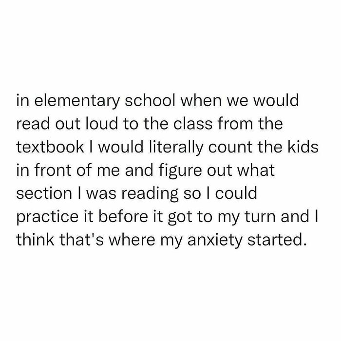 Nostalgic text post about elementary school anxiety during reading time.