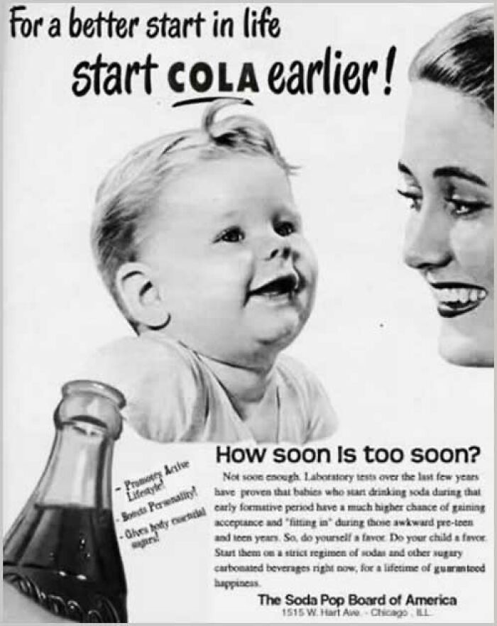 Black and white soda ad encouraging early cola drinking with baby and mother