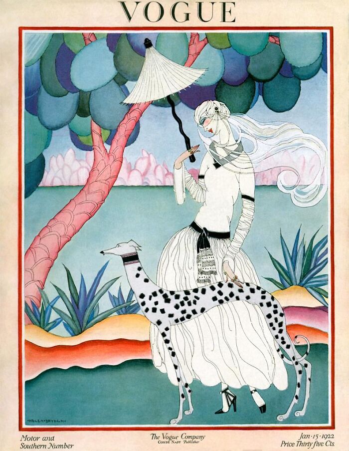 1920s vintage Vogue cover featuring a chic fashion illustration of a woman in white with a parasol and dalmatian dog.