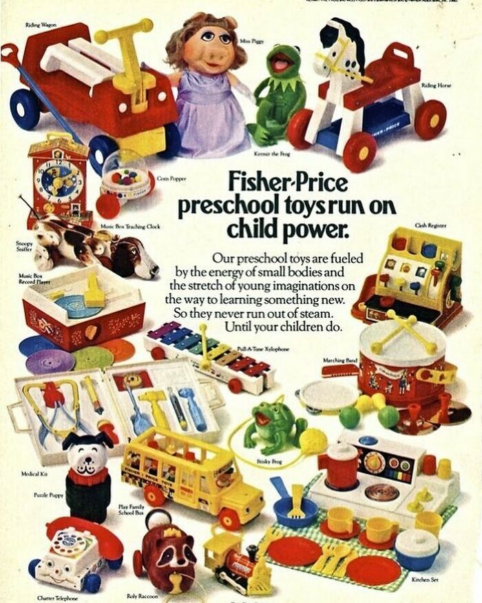 Vintage advertisement displaying nostalgic Fisher-Price preschool toys