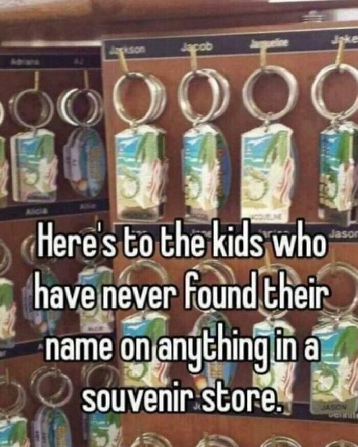 A display rack of personalized keychains evoking nostalgic souvenir store memories