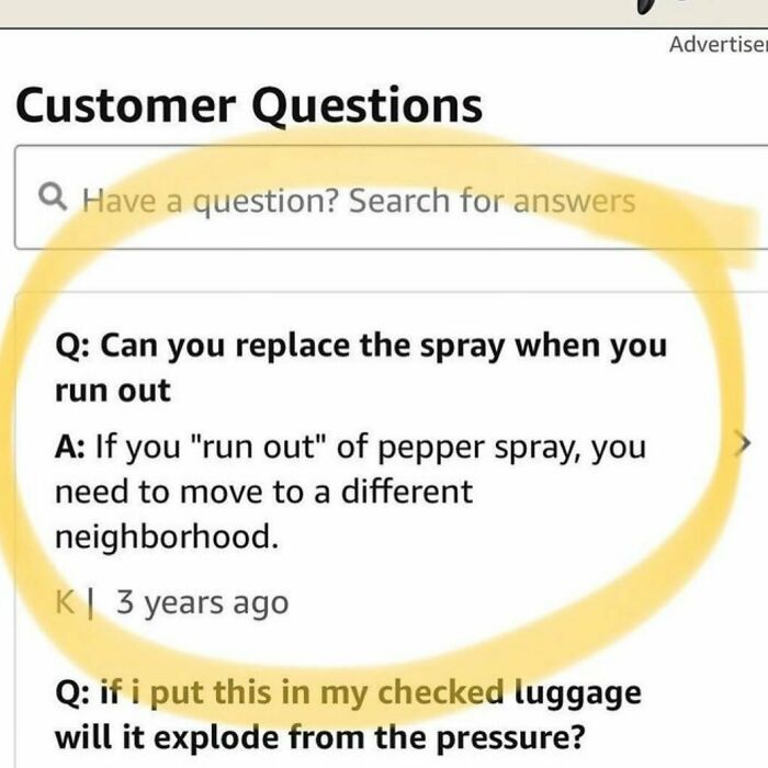 Funny product review question about replacing pepper spray, creating an unexpected comedy show in the Q&A section.
