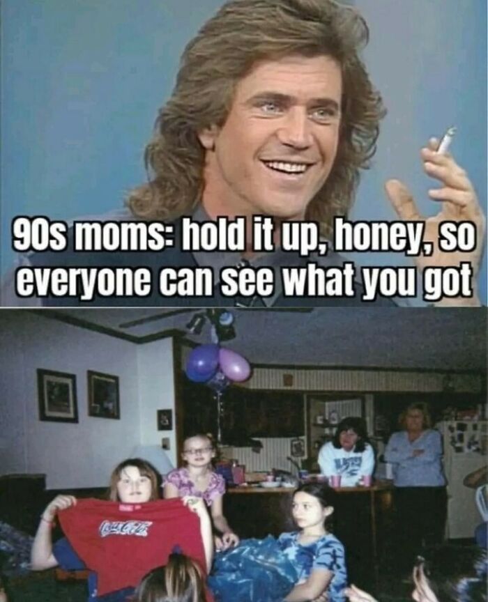 A funny 90s moms meme with a nostalgic photo of a girl showing off a Coca-Cola shirt