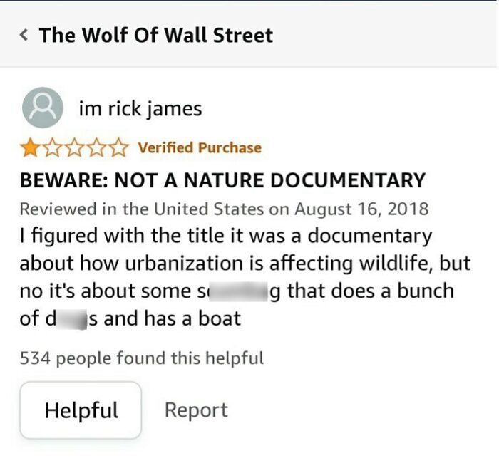 Hilarious review for The Wolf of Wall Street movie, showcasing funny product reviews online.
