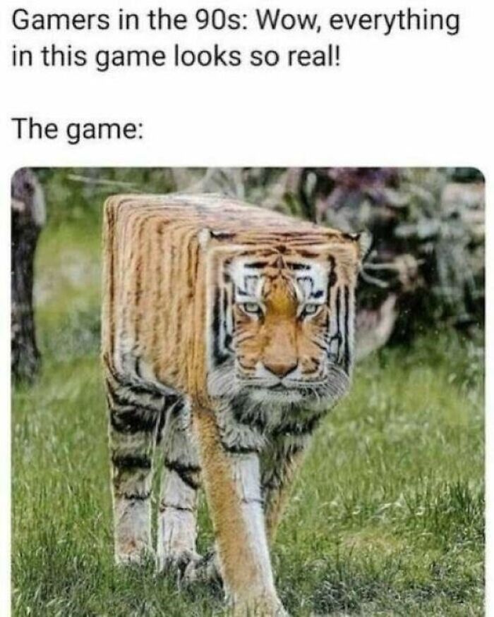 A humorous square-shaped tiger representing nostalgic 90s video game graphics