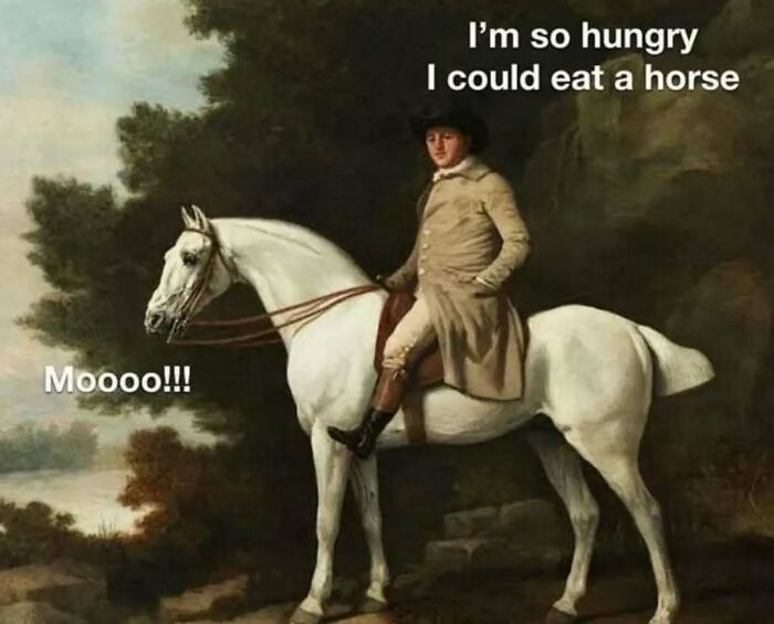 Classical art memes showing a man riding a white horse that says Moooo