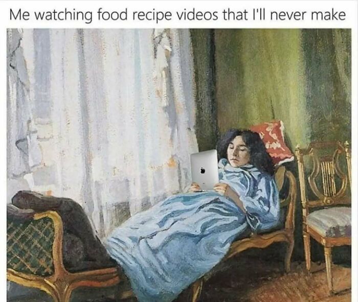 Classical art memes showing a woman in bed looking at a tablet.