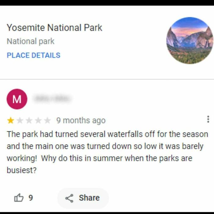 Amusing complaint review about Yosemite waterfalls turned off, showing unexpected comedy in public feedback