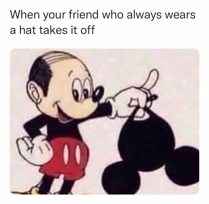 Mickey Mouse balding head meme ideal for sending memes to friends when taking off a hat.