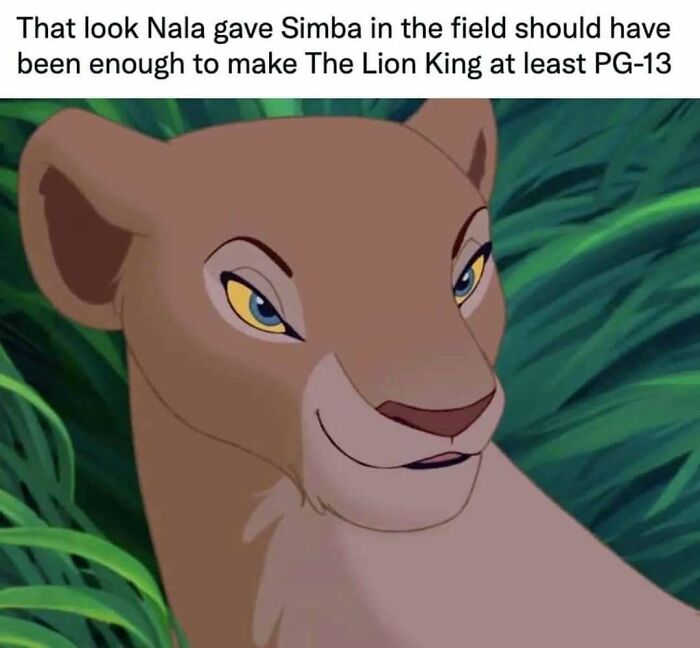 Nala from The Lion King giving Simba a nostalgic and suggestive look in the jungle