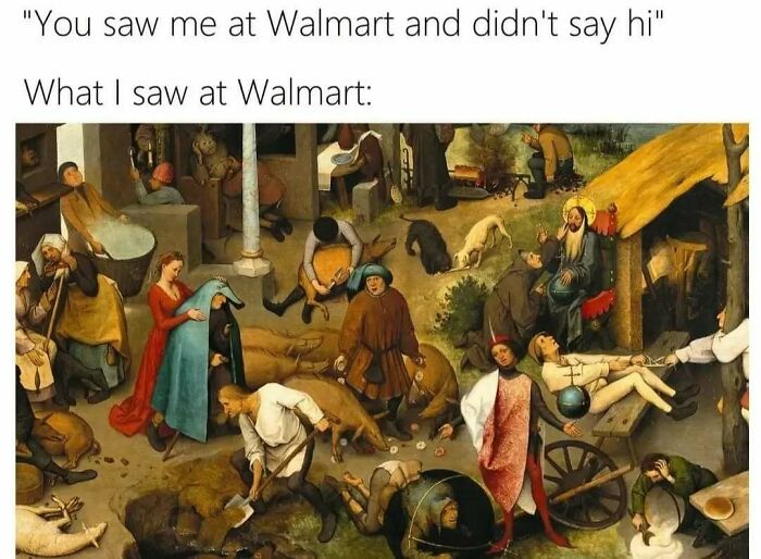 Chaotic medieval painting depicting a busy market, used in classical art memes.