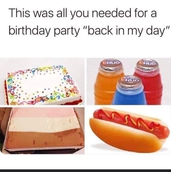 A nostalgic birthday party layout with a decorated sheet cake, Little Hug fruit barrels, ice cream, and a hot dog