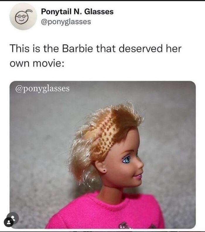A nostalgic Barbie doll with bad haircut meme poking fun at childhood memories
