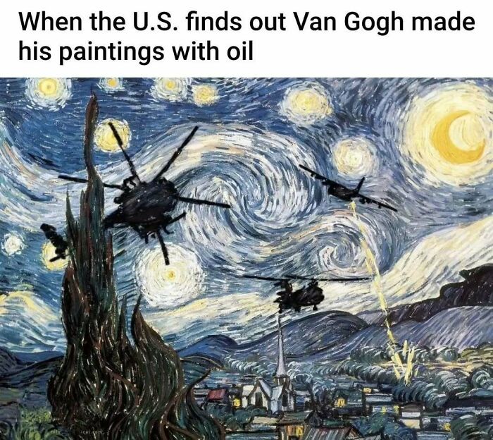 A history and classical art meme depicting military helicopters flying through Van Goghs Starry Night painting