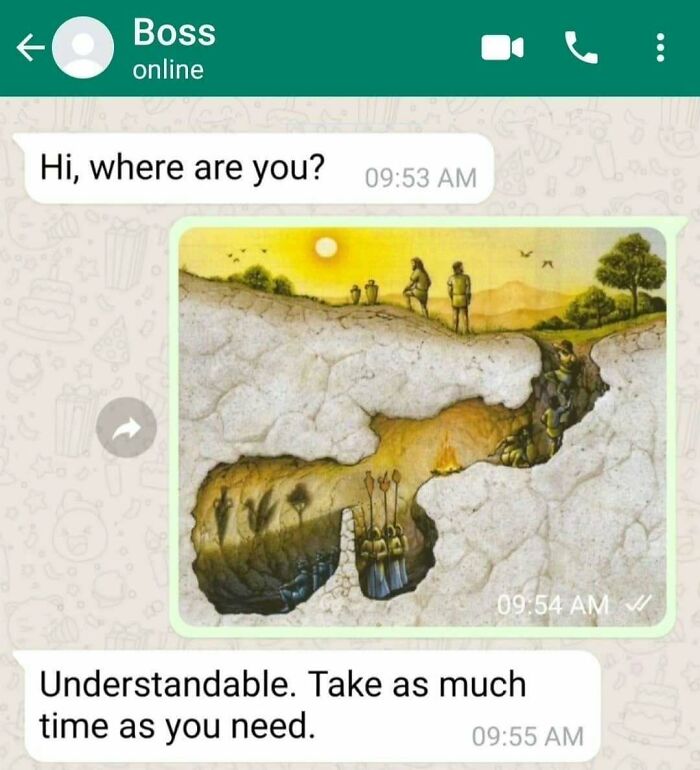 A chat message showing Plato's Cave illustration, one of the classical art memes.