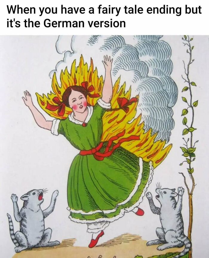 Illustration of a girl on fire with cats, a funny classic art meme example.