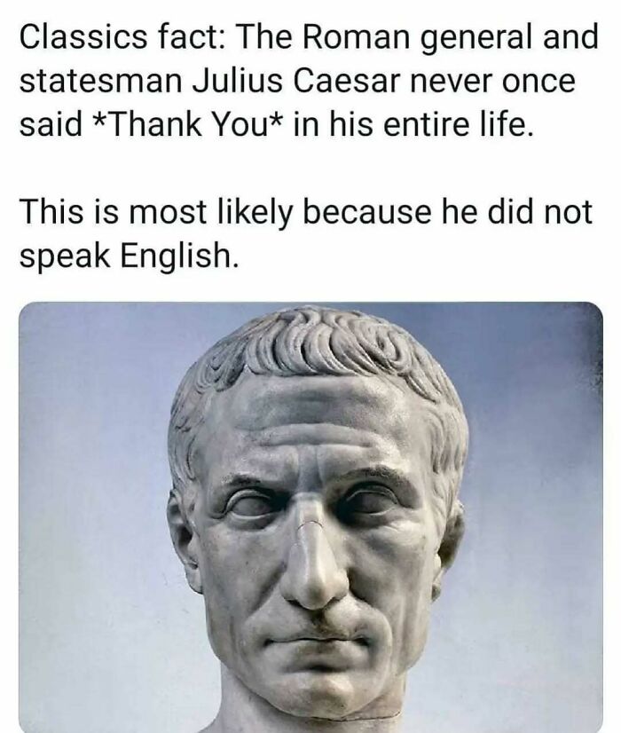 Julius Caesar statue with funny caption representing history and classical art memes