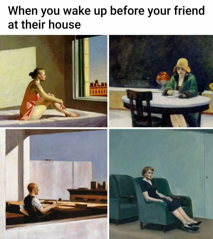 Classical art meme featuring a four-panel grid of people waiting and sitting alone