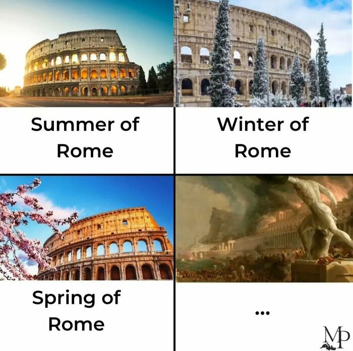 A four-panel image of Rome seasons including a burning Rome painting, history and classical art memes
