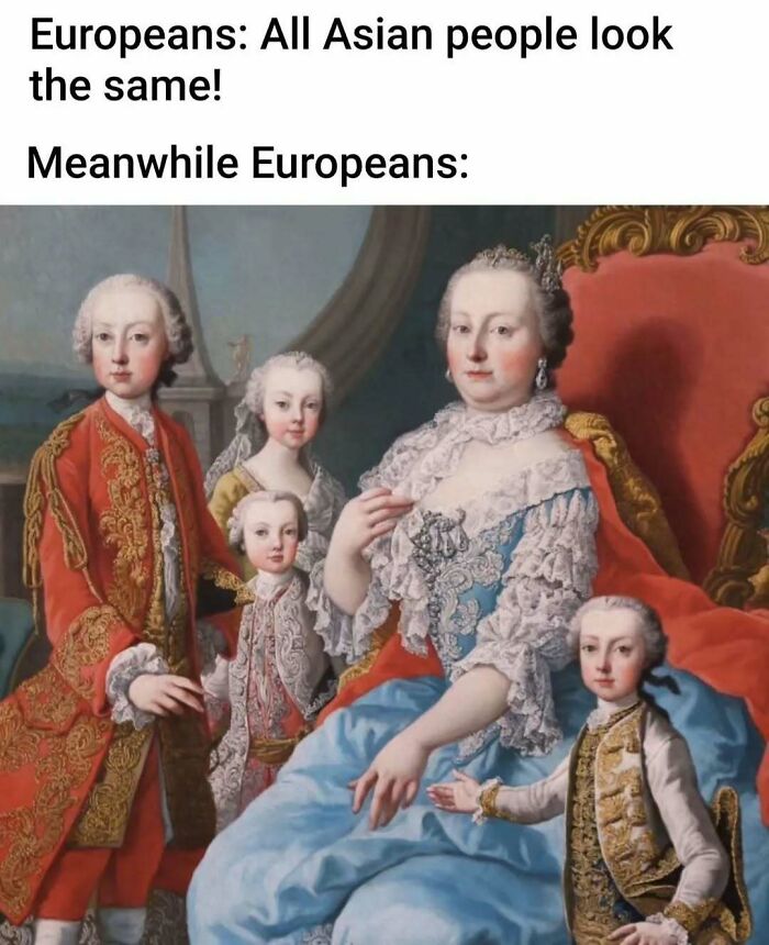 Classical art memes showing a royal family portrait where everyone has the exact same face.
