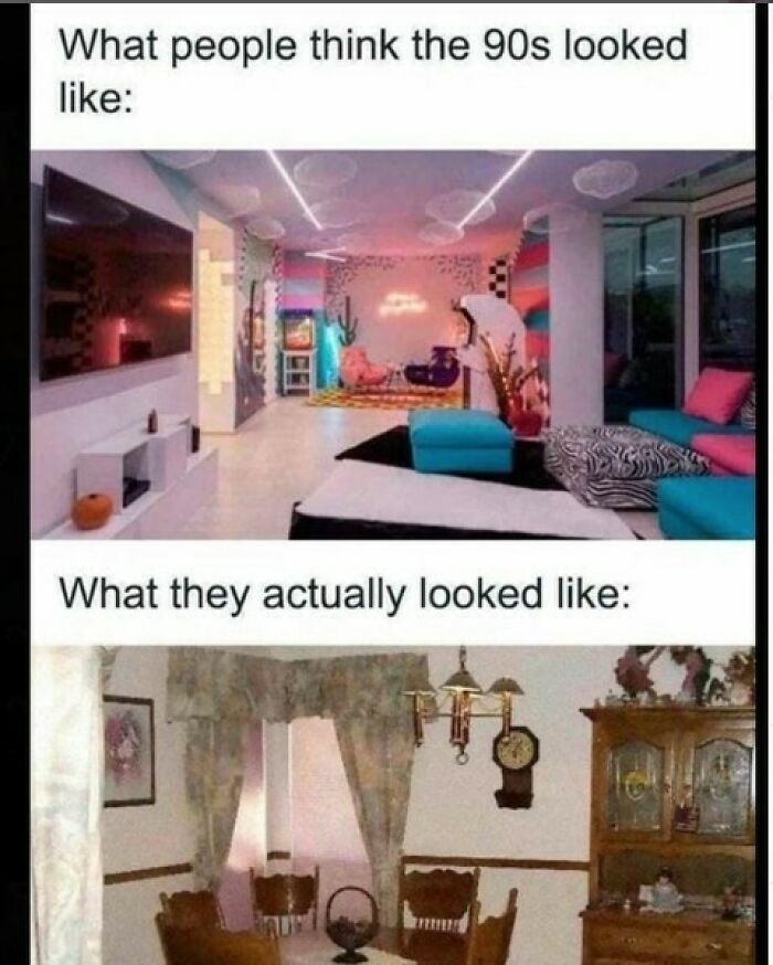 A nostalgic meme comparing expectations of the 90s with actual brown and wood-filled dining room decor