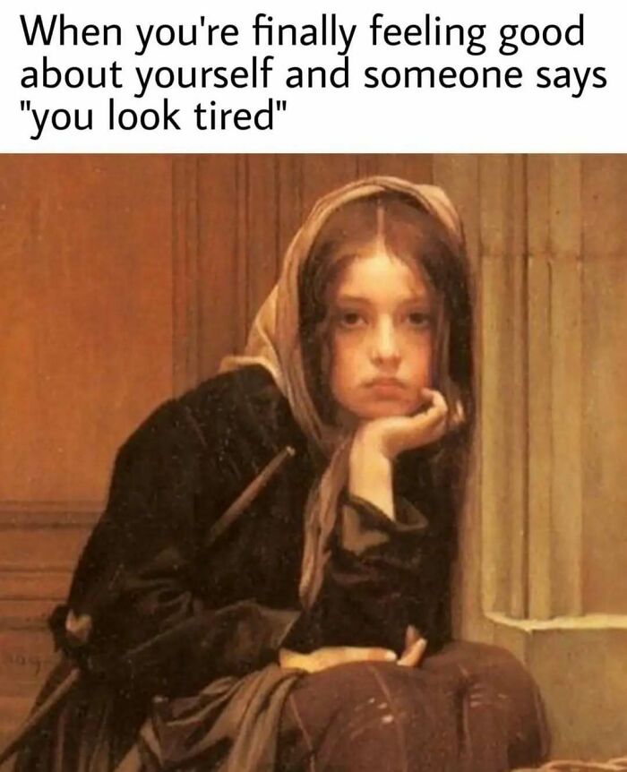 Sad looking girl resting her head on her hand from history and classical art memes