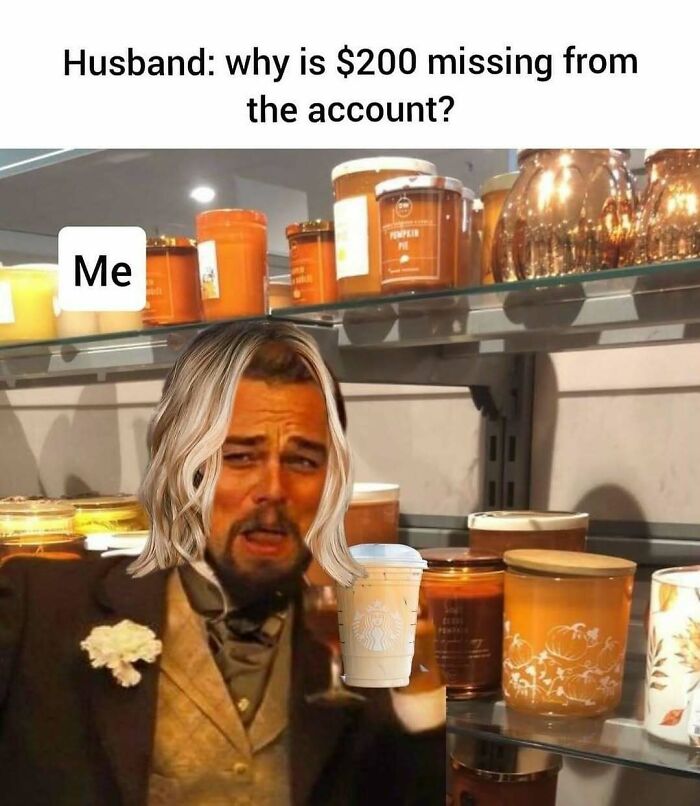Spooky season meme with Leonardo DiCaprio holding iced coffee surrounded by autumnal scented candles